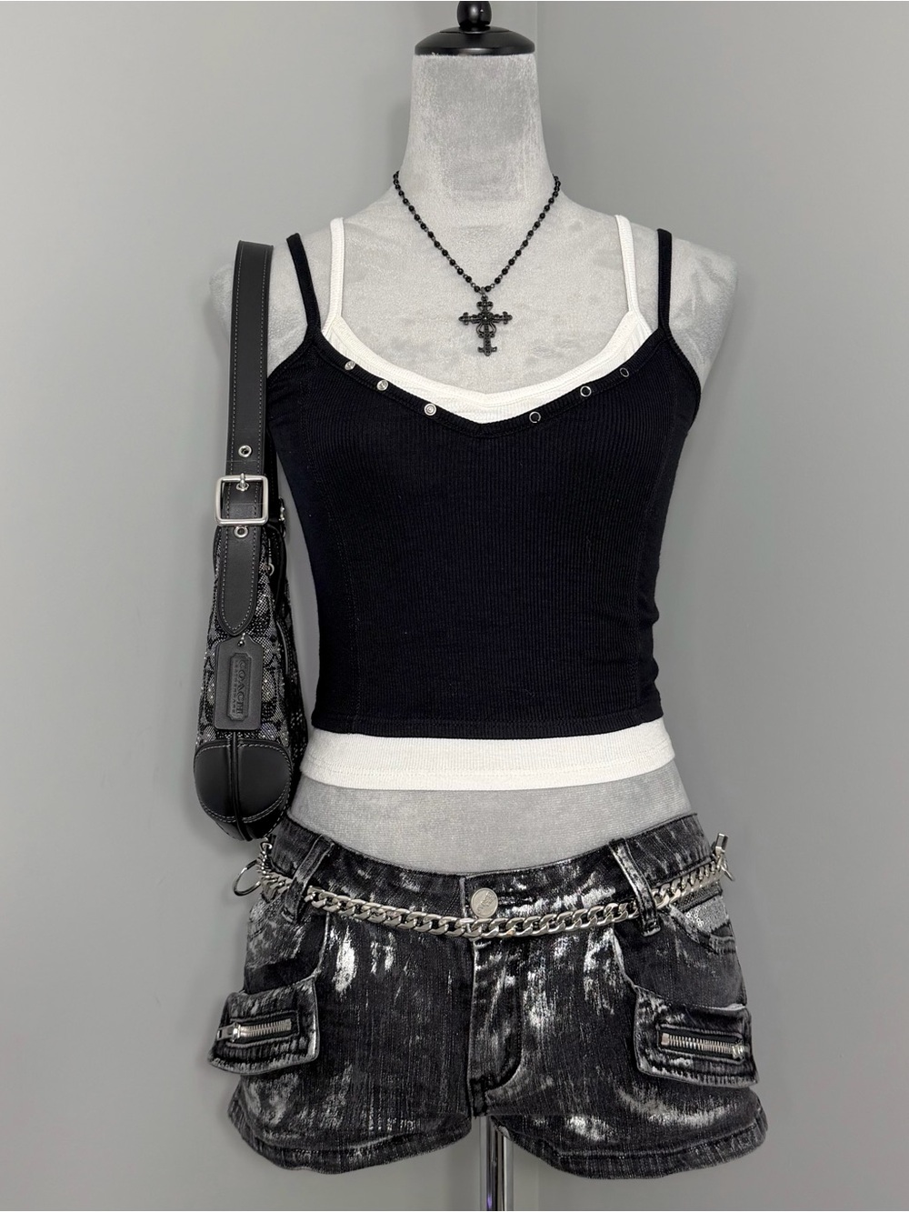 RSQ Black & White Layered Cropped Tank Top with Eyelet Studding